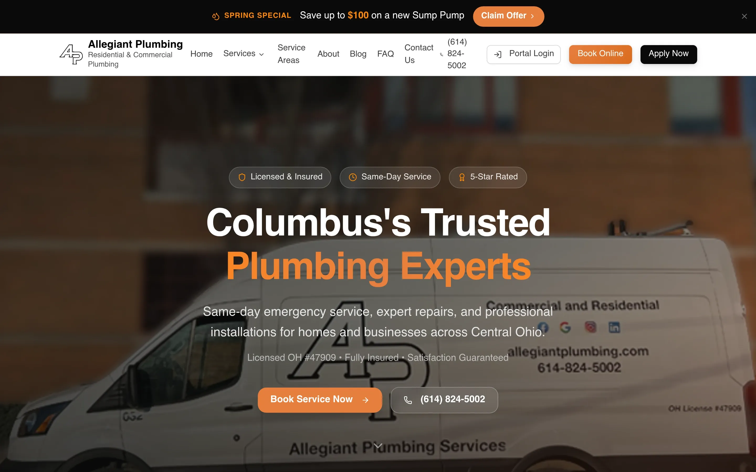 Allegiant Plumbing Services — website screenshot