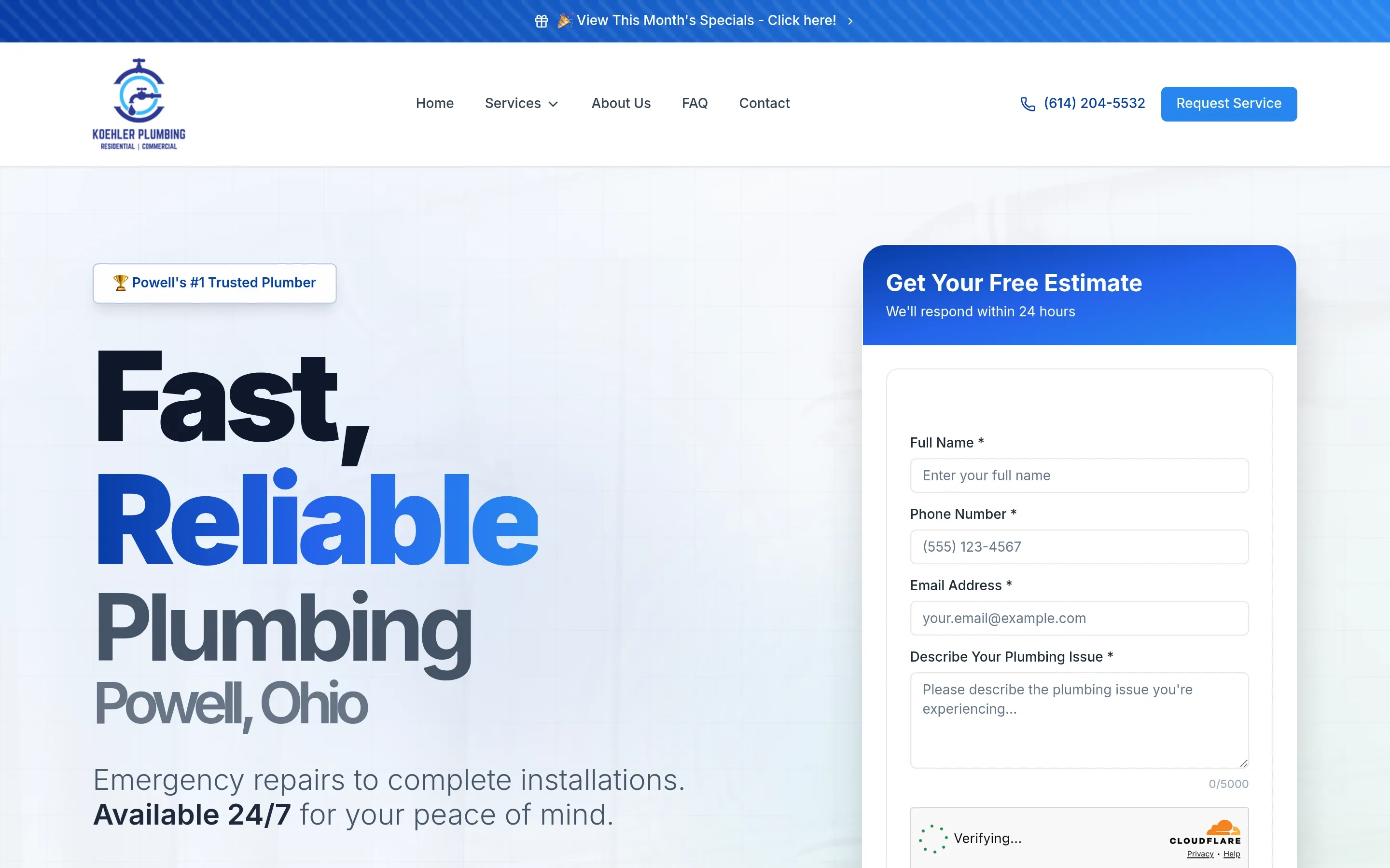 Koehler Plumbing — website screenshot