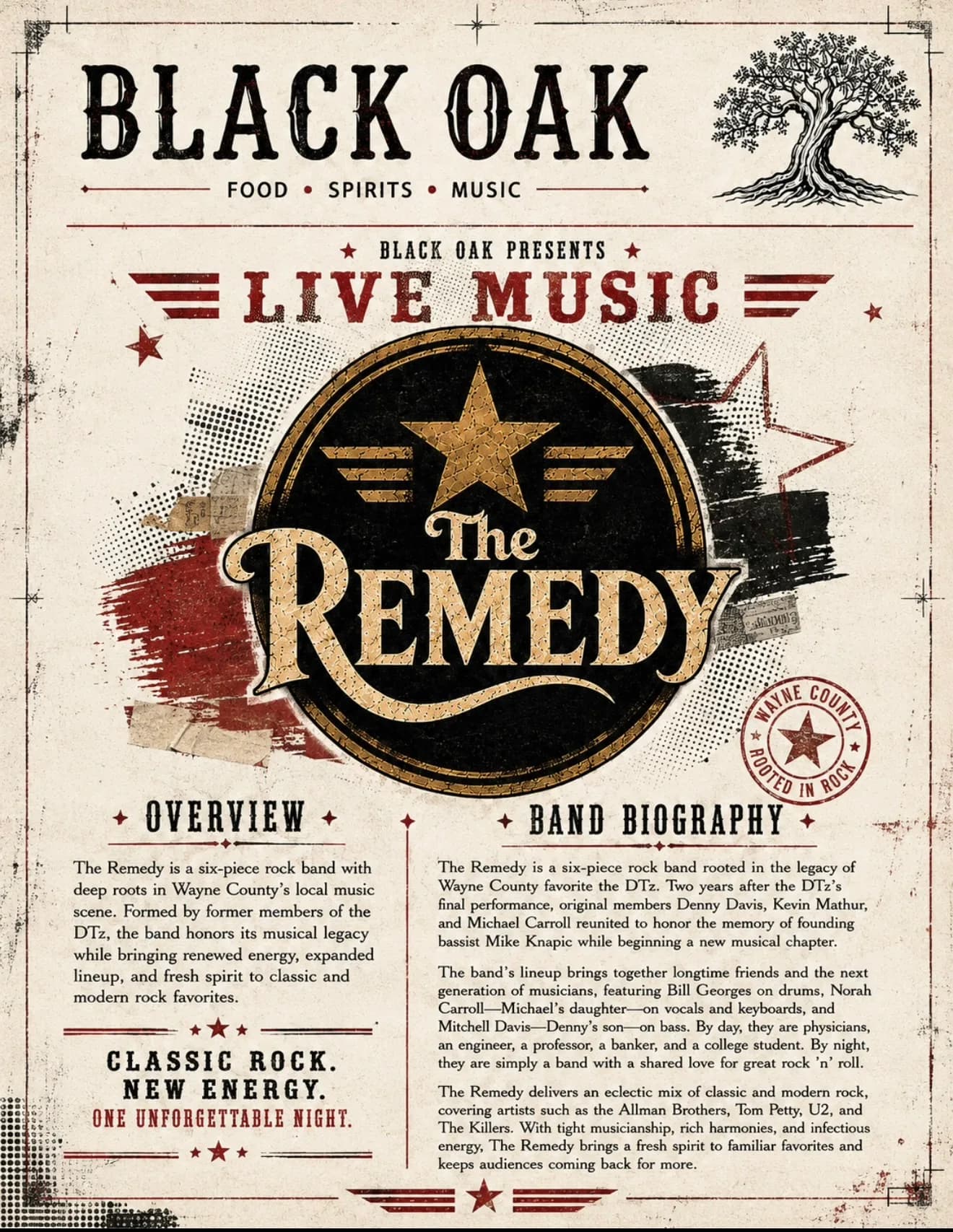 Black Oak live music poster for The Remedy — 'Black Oak presents live music' over a gold-and-black star crest wordmark, distressed red and black halftone textures, overview and band biography columns, and 'Classic rock. New energy. One unforgettable night.'