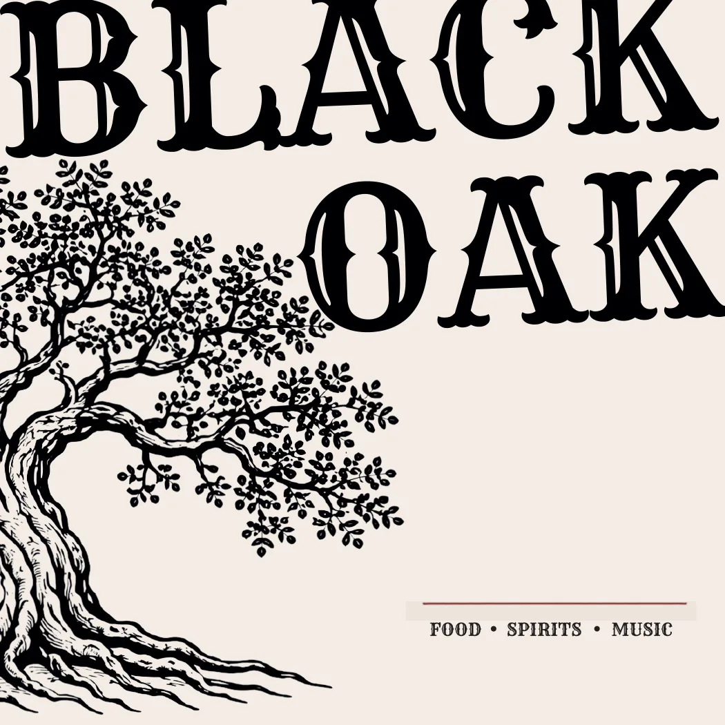 Black Oak square menu front cover on cream paper — a black slab-serif 'BLACK OAK' wordmark above an engraved oak tree illustration, with a red rule and 'food, spirits, music' lettering.