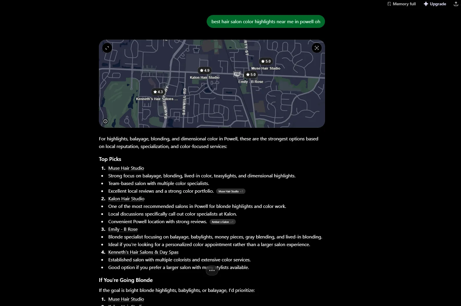 ChatGPT recommendations for local hair salon searches in Powell, OH