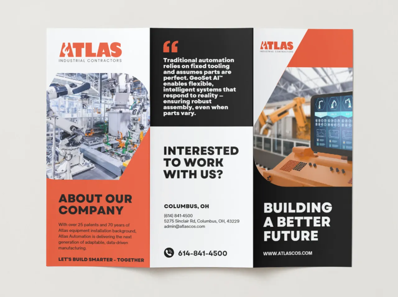 Corporate tri-fold brochure featuring comprehensive company overview, service highlights, and compelling call-to-action sections